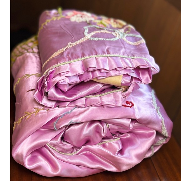 RARE ANTIQUE textile 1900 Edwardian society silk bedspread embroidery gilt ART - Picture 5 of 16